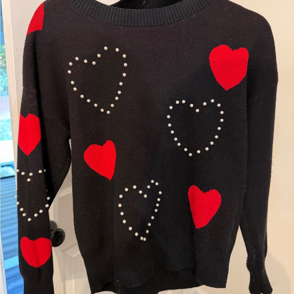 Nanette Lepore Black Sweater with Red Hearts and Pearl Details